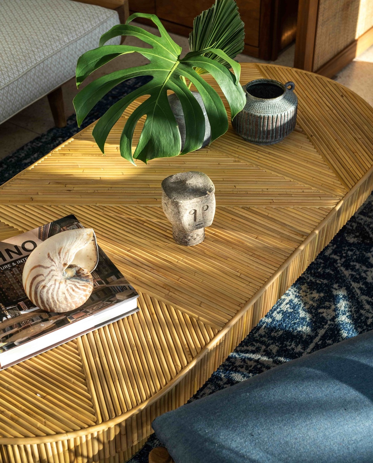 Bespoke lounge table with local statue, seashell and bespoke ceramics.